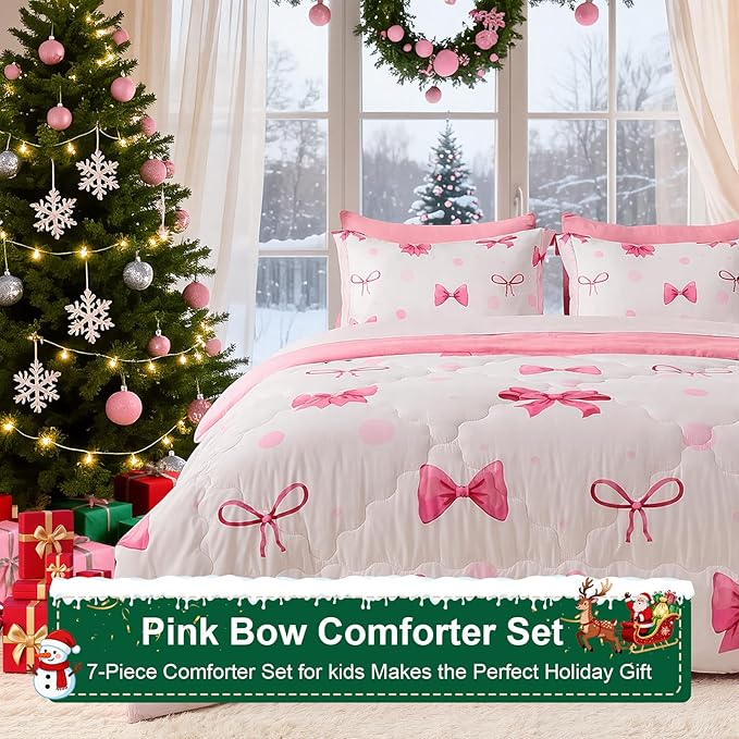 Wajade 7 Piece Pink Bow Bedding Set for Girls Kids Full Size Comforter Set with Sheet and 2 Pillowcases 2 Pillow Shams Cute Girls Bed in a Bag as Birthday Choice