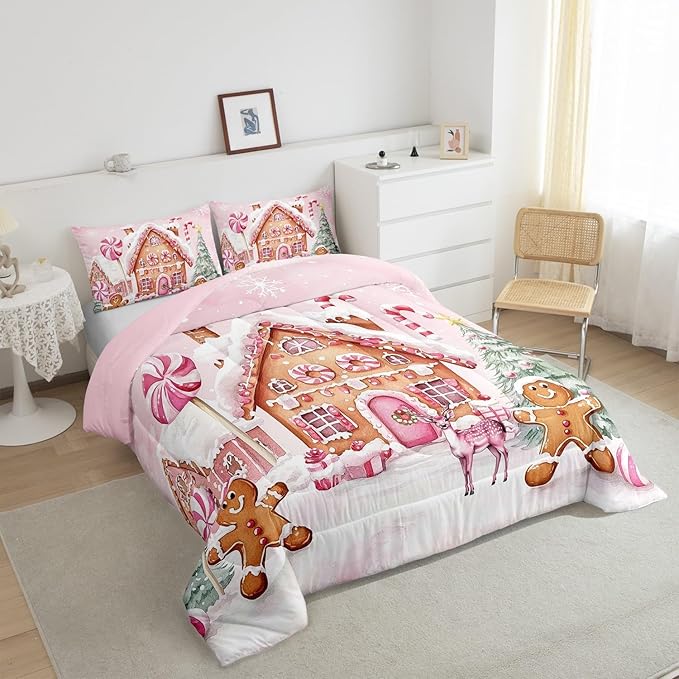 Gingerbread House Kids Comforter Set King Size,Gingerbread Man Xmas Tree Cabin Deer Bedding Set,Girls Women Room Decor,Christmas Snowflake Down Comforter,Pink Brown Duvet Insert,2 Pillowcases