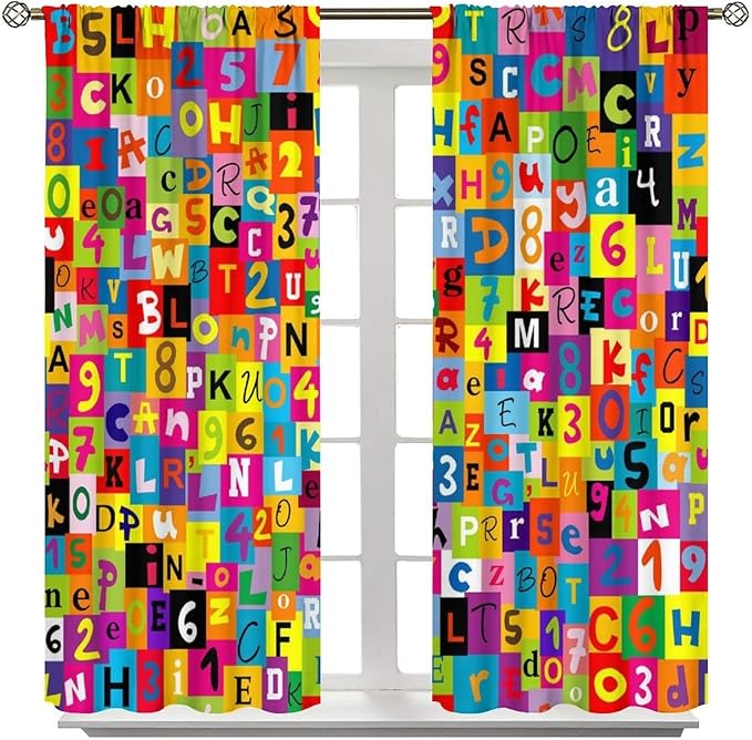 ABC Alphabet Curtains Colorful Art Patchwork Alphabet Graffiti Cartoon Print Curtain with Rod Pocket for Bedroom Living Room Home Decor Drapes Window Treatments 2 Panels Set 42" W X 45" L