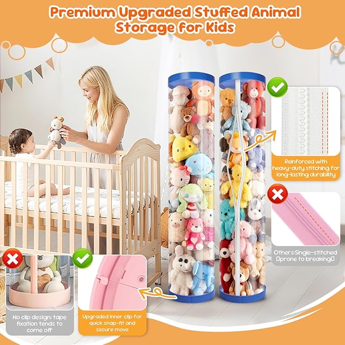 2 Pack Stuffed Animal Storage Tube - Clear 60 inch Large Vertical Toy Organizer, PET Transparent Display Holder for Plushies, Kids Stuffed Animals Zoo for Playroom, Living Room, Bedroom (Sky Blue)