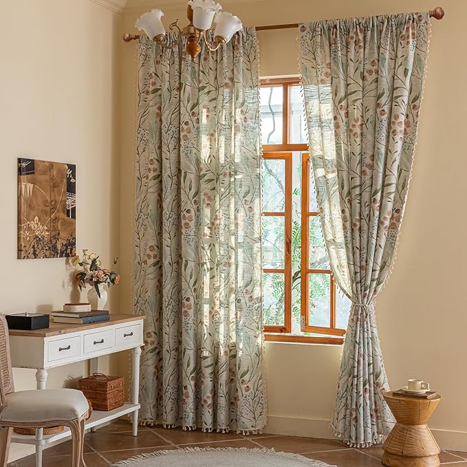 ENJOYBRIDAL Floral Curtains 96 Inches Bedroom Decor Drapes Semi Sheer Rod Pocket Living Room Long Window Curtain Panels Light Filtering Boho 2 Panels Tassel Vintage Window Treatments