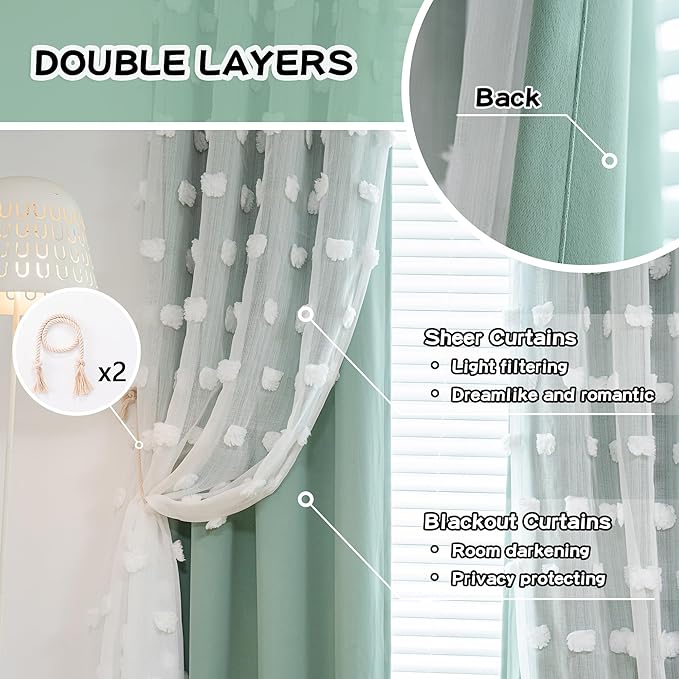 MYSKY HOME Aqua Curtains for Kids Room Nursery Curtains 72 Inches Long for Girls Bedroom Double Layer Curtains White Pom Pom Sheer Curtains for Dining Room Grommet Room Darkening Panels W52 X L72