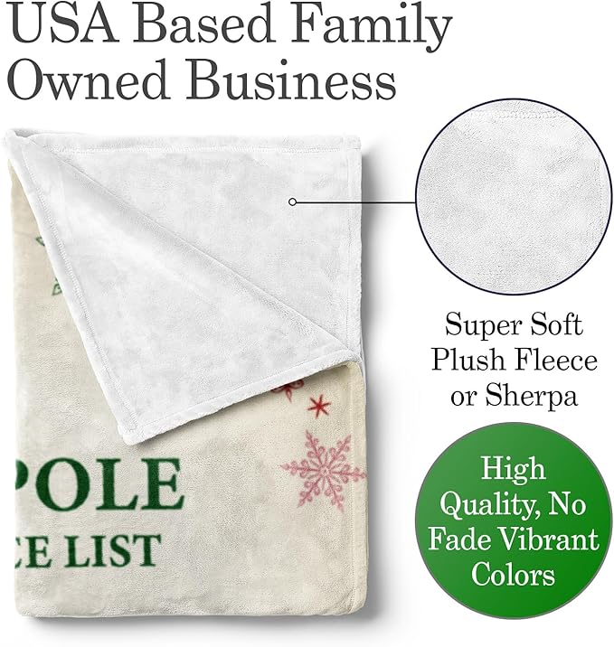 Personalized Christmas Blanket, Santa’s Nice List - Ships Next Day, Printed in USA - Warm Fleece or Sherpa Sofa Throw, Cute Holiday Décor - Customizable Family Throws (Sherpa 50x60)
