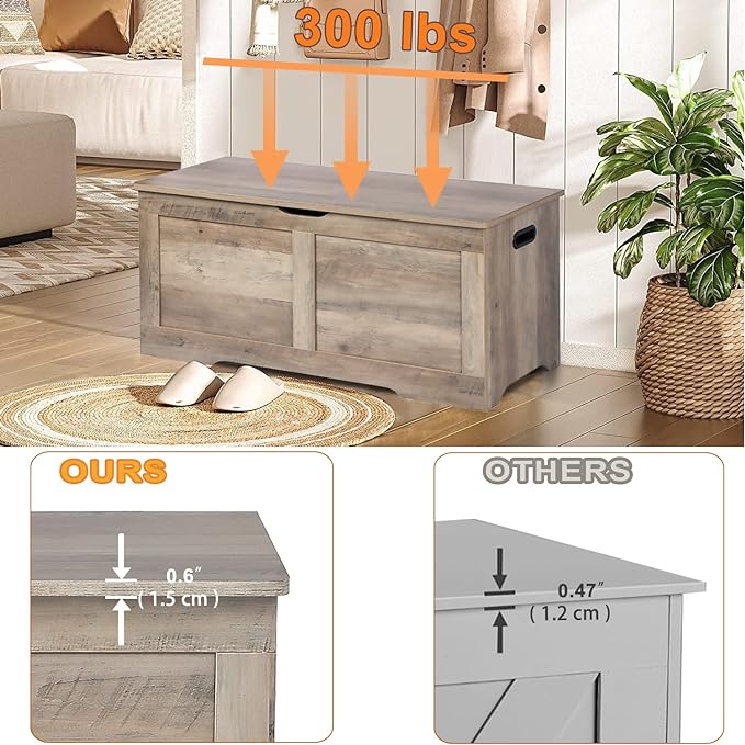 39.4" Storage Chest, Wooden Storage Bench, Lift Top Toy Chest with 2 Safety Hinges, Large Toy Box, Entryway Bench for Living Room, Bedroom, Grey