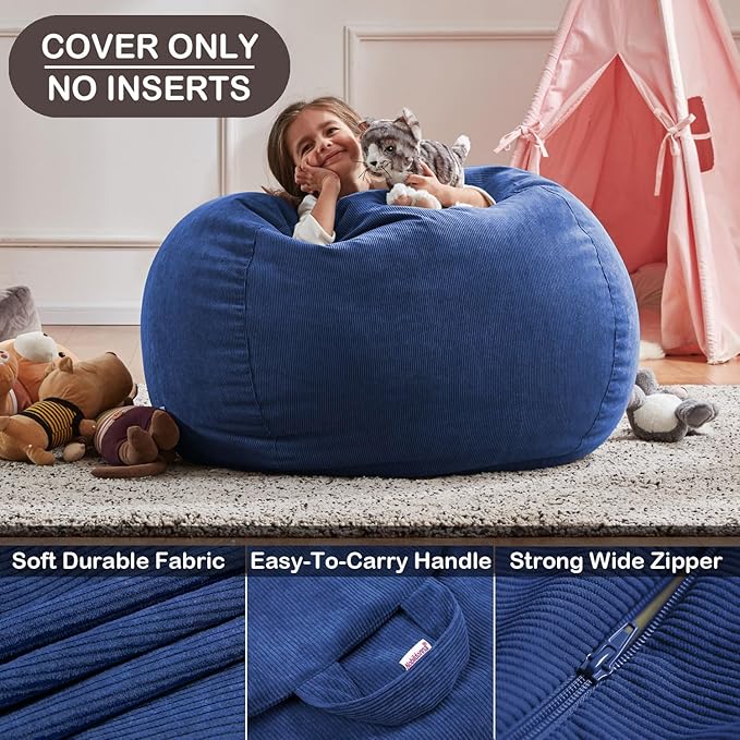 Nobildonna 3 ft Bean Bag Chair Cover (No Filler) 35"×43" Large Stuffed Animal Storage Bean Bag Washable Big Beanbag Chair Cover Premium Corduroy Stuffable Bean Bag Cover for Adults,Kids,Blue 300L