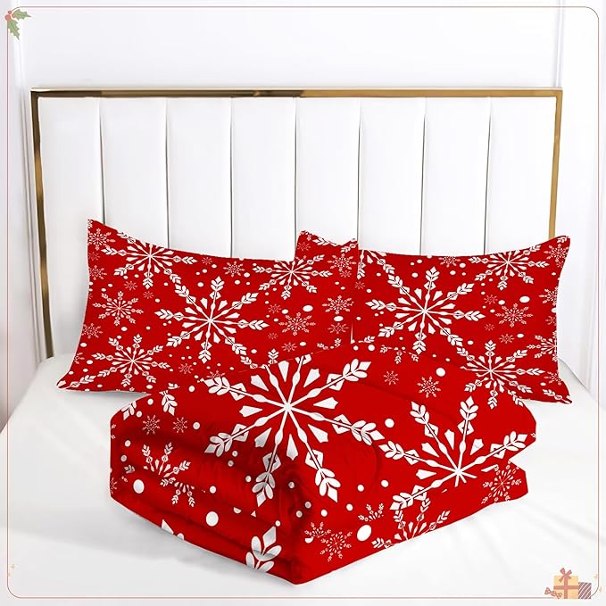 Christmas Comforter Set King: White Snowflakes Red Bedding Sets King Size for Teen Girls Women Adults Bedroom Xmas Festival Decor Winter Snowflake Quilt Bed Set 3 Piece