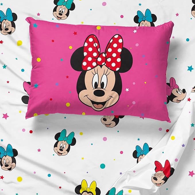 Sunny Side Up Disney Minnie Mouse Full Sheet Set - 4 Piece Kids Bedding Set Includes Pillow Cover - Super Soft Rainbow Dots Microfiber Sheets