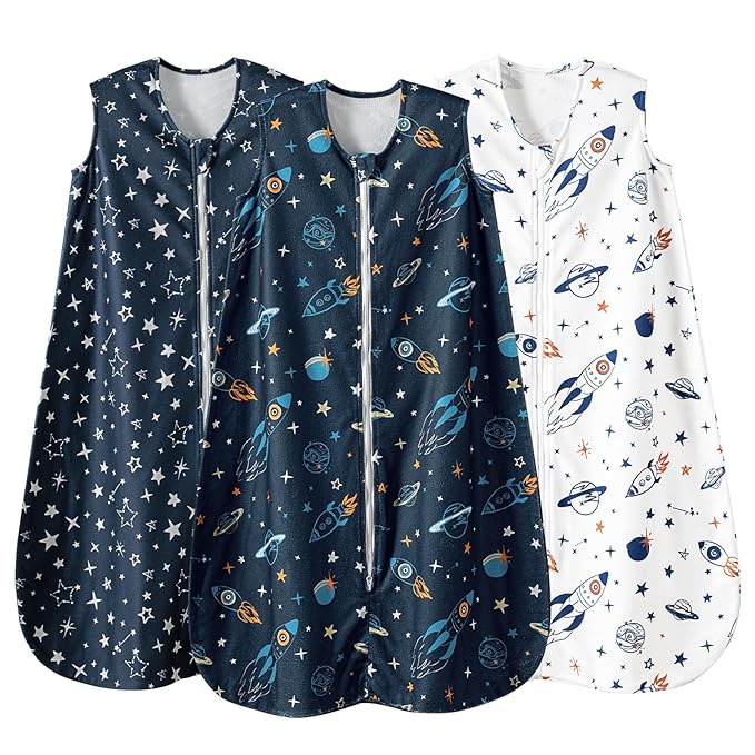 david's kids 3 Pack Warm Micro Fleece Baby Sleep Sack 6-12 Months, Soft Baby Wearable Blankets with 2-Way Zipper, Comfy Winter Sleeping Bags for Infant Newborn Boys Girls Neutral, Medium Size, Space