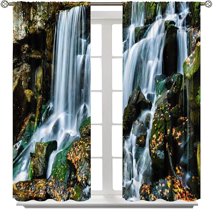 Waterfall Blackout Window Curtains, Forest Nature Landscape Theme Pattern Print Window Drapes, for Living Room Bedroom 84" W X 84" L