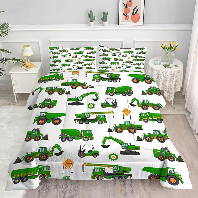 Comforter Set Green Tractor: Full Size Cartoon Excavator Truck Car Bedding Sets for Boys Kids Teens Toddler Construction Vehicles Quilt Bed Set with 1 Comforter & 2 Pillowcases