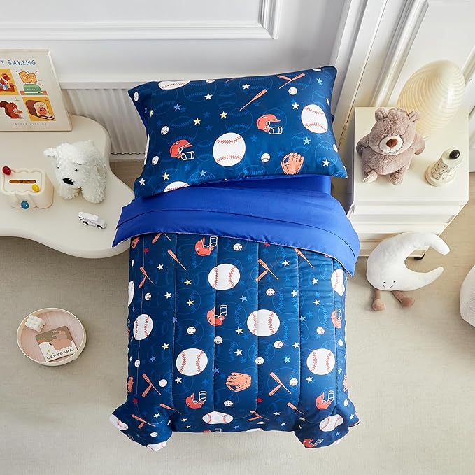 4 Pieces Baseball Toddler Bedding Set for Boys Gilrs Navy Blue White Stars Toddler Bed Set with Baseball Bat Cap Gloves Cute Toddler Bed in a Bag with Navy Blue Sheet Set and Pillow Shams