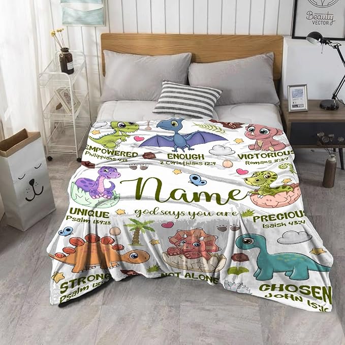 Personalized Dinosaur Blanket,Custom Dinosaur Gifts for Kids Boys,God Says I Am Themed Blanket,Meaningful Thoughtful Religious Baptism Christian Gifts,Bible Verse Quilt with Name,40"x50" for Kids