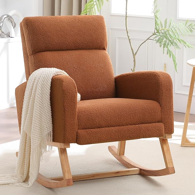 Rocking Chair Nursery with Foot Rest, Nursing Rocking Chairs for Mom Nursery, Teddy Rocker Glider with High Backrest for Living Room, Bedroom, Brown