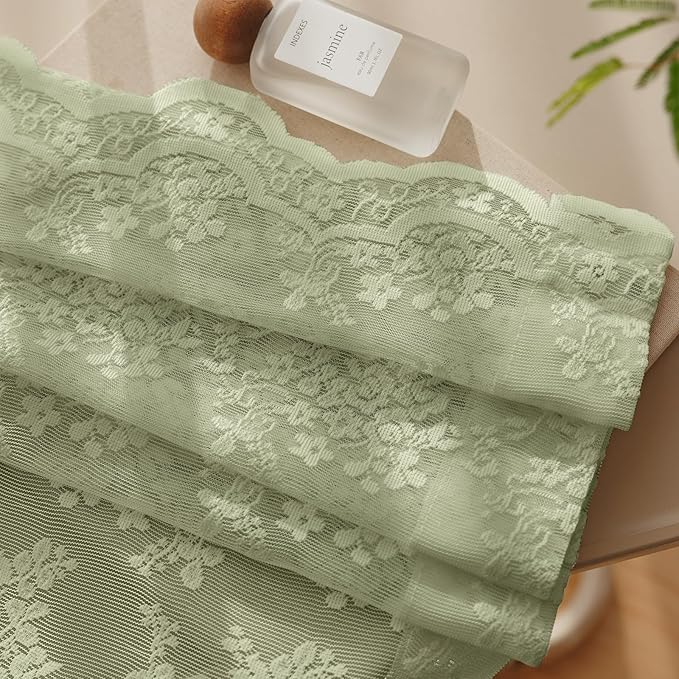 Anmao Vintage Lace Curtains 72 Inches Long 2 Panels Set, Romantic Elegant Light Filtering Semi Sheer Floral Thick Lacy Curtain Drapes for Living Room and Bedroom, Each Panel 55W x 72L, Dry Grass Green