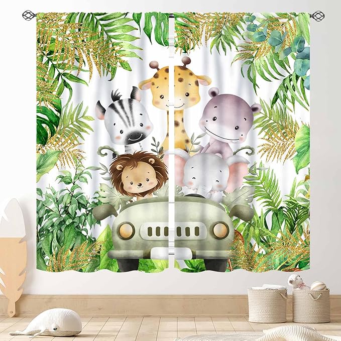 Jungle Safari Animals Curtains, Cartoon Animals Lion Giraffe Elephant Woodland Tropical Leaf Green Window Drapery for Kids Boys Girls Baby Living Room Bedroom Nursery 2 Panels, 42"x45" Inch