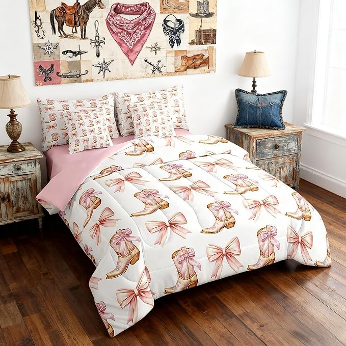 7 Pieces Western Cowgirl Comforter Set Queen,Pink Bowknot Cowgirl Boots Rustic Farmhouse Bedding Set,Bow Tie Geometric Patchwork Golden（Comforter+Fitted+Flat Sheet+2 Pillowcases+2 Throw Pillow Covers）