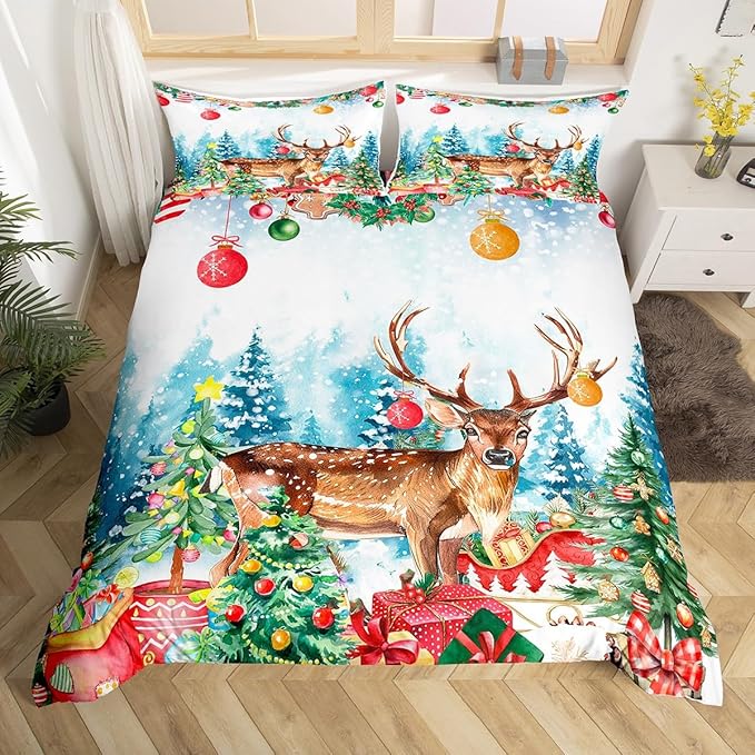Manfei Merry Christmas Duvet Cover King Size,Watercolor Christmas Trees Gifts Wild Moose Super Soft Bedding Set for Boys Girls,Winter Happy New Year Comforter Cover Bedding 3 Piece (No Comforter)