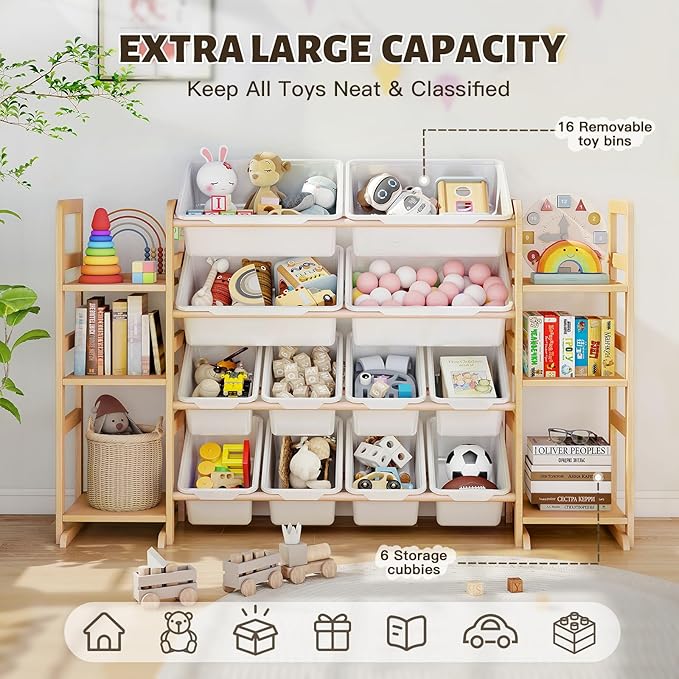 Wooden Toy Storage Organizer with 6 Shelves and 12 Bins, Toy Organizer Storage Kids Bookshelf, Toy Shelf for Playroom, Nursery, and Bedroom