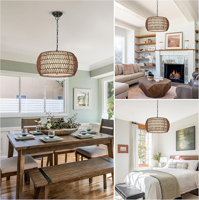 Rattan Farmhouse Chandelier Light Fixtures,5-Lights Boho Large Pendant Light,Woven Chandeliers for Dining Room with Fabric Shade,Rustic Hanging Light Fixtures for Kitchen Island-Dark Brown