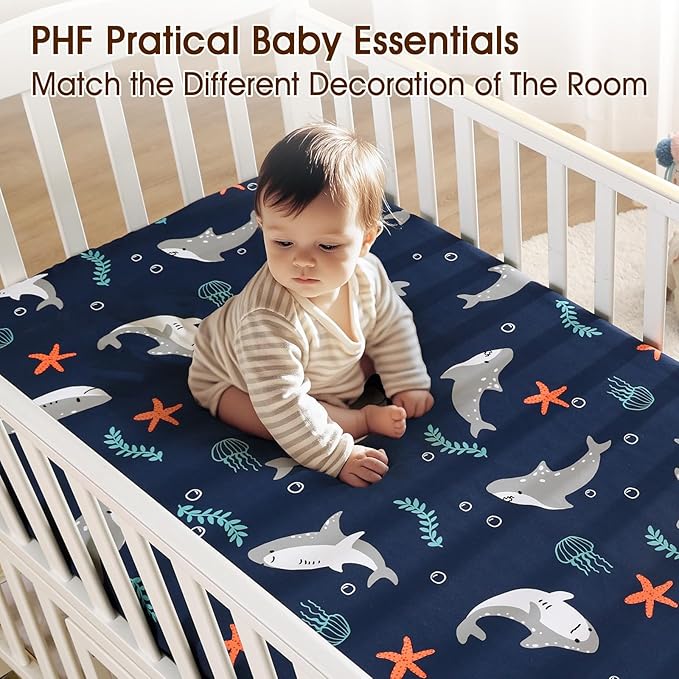 PHF 3 Pack Soft Shark Crib Sheets Fitted, Comfy Breathable Baby Sheets for Boys, 28x52 Inches Fits Standard Crib and Toddler Mattresses, Shark