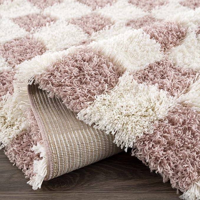 Hauteloom Atira Contemporary Checkered Fluffy Shag Area Rug - Modern Geometric Carpet Tiles for Living Room, Kids Room, Nursery - Plush Pile - Cream, Pink - 8'10" x 12'
