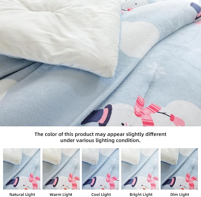JANZAA Christmas Queen Comforter Set, Blue Flannel Comforter with Snowman Pattern, Soft Cozy Lightweight Bedding Set Fluffy Comforter Set 1 Queen Comforter(90"*90") and 2 Pillowcases (20"*26")