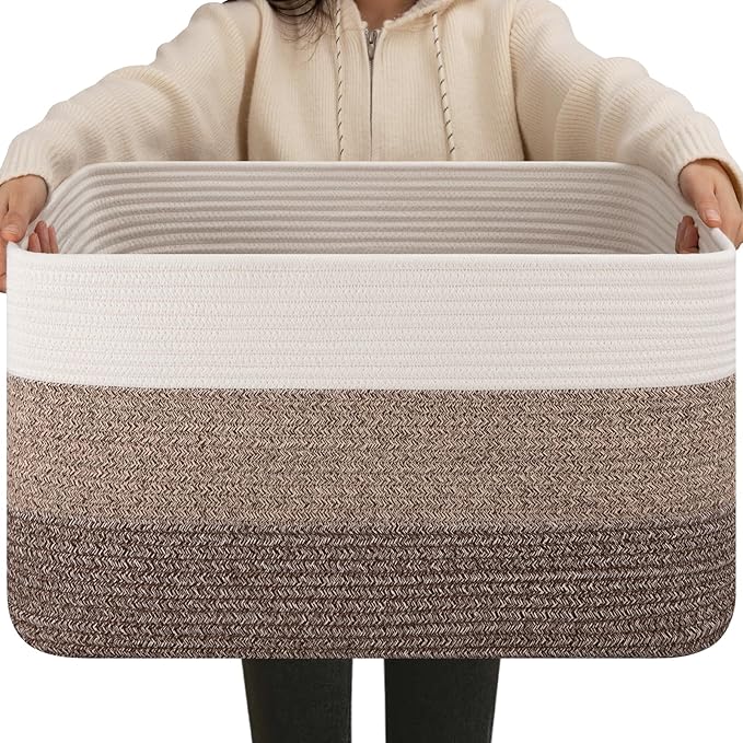 OIAHOMY Large Blanket Basket For Living Room, Rectangle Woven Baskets for Storage, Nursery Toy Storage With Handle-22”x17”x12”-Gradient Dark Brown