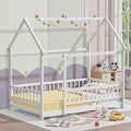 LLS Twin Montessori Floor Bed, Wooden Floor Bed Frame with Slats and Fence, House Bed for Boys Girls Bedroom, White