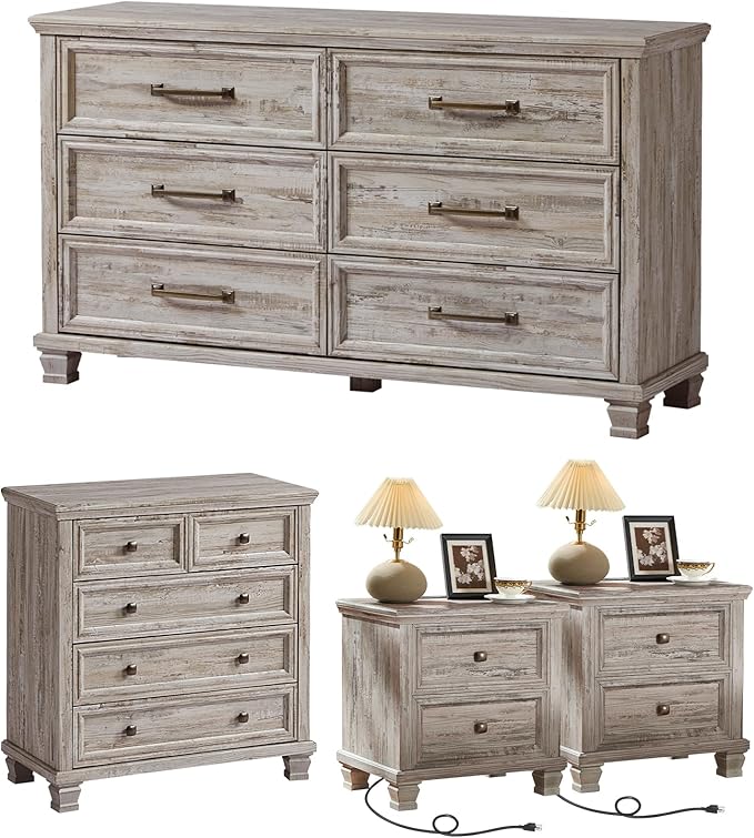Farmhouse Bedroom Dresser and Nightstand Set of 4, 6 Drawer Low & 5 Drawers Dresser & 2 Drawer Nightstand Set, Rustic Wood Furniture Set for Bedroom, Hallway, Grey