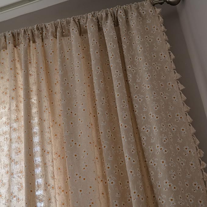 ENJOYBRIDAL Daisy Floral Curtains 96 Inch Length 4 Panels Tassel Long Drapes Rod Pocket Semi Sheer Boho Bedroom Window Curtain Panels Living Room Farmhouse Rustic Bohemian Window Treatment