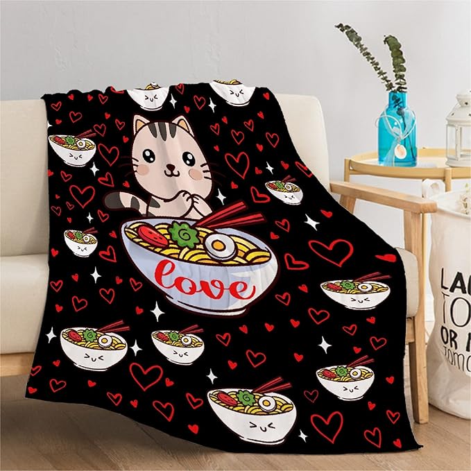 Thuswarm Kawaii Ramen Cat Red Heart Love Flannel Throw Blanket Warm Cozy Soft Funny Print Blankets for Bed Couch Sofa Room Decoration Gifts 40"×30" XSmall for Pets