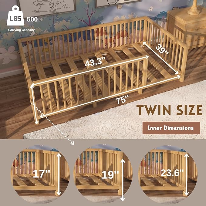 Montessori Floor Bed with Slats for Toddler 39.4'' x 75.2'' Twin Size | Pine Wood Natural Solid Frame Bed | Sturdy Design Floor Bed Frame for Boy and Girls (Twin, Height : 19 Inches)