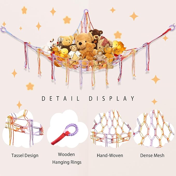 Stuffed Animal Hammock with LED Light, Large Stuffed Animals Storage Corner Plushie Net for Kids Room Decor, 2 Packs Rainbow