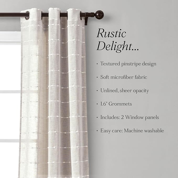 Lush Decor Farmhouse Textured Grommet Sheer Window Curtain Panel Pair, 38"W x 108"L, Beige