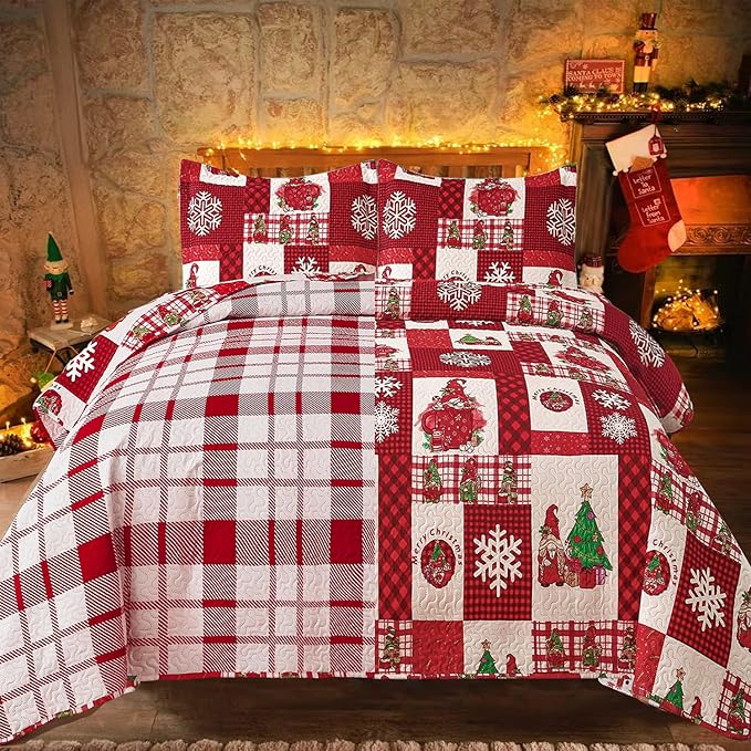 Cuddle Sofia Christmas Quilt Set: Twin Size, Red Plaid Gnome Christmas Decor, Lightweight Reversible Bedspread