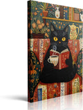 Funny Cute Black Cat Picture Wall Decor Framed Animal Reading Book Drinking Coffee Vintage Canvas Wall Art Rustic Flower Prints Poster Retro Floral Painting for Living Room Bathroom Bedroom (16"x24")