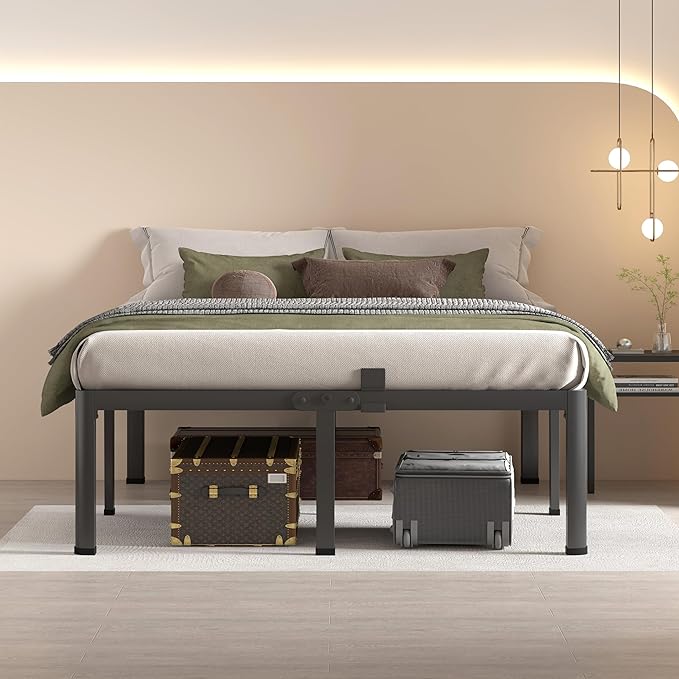 MAF 16 Inch King Size Bed Frame with Round Corner Legs Mattress Slide Stopper No Box Spring Needed Heavy Duty Metal Platform Bed Frames Under-Bed Storage Space, 3000 LBS Steel Slats Support