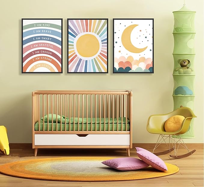 KBIERQN 3Pcs Boho Sun moon Wall Art Nursery Positive Affirmations Rainbow Poster Prints Bohemian Star Heart Canvas Picture for Toddler Baby Girls Room Playroom Bedroom Wall Decor 16x24in Unframed