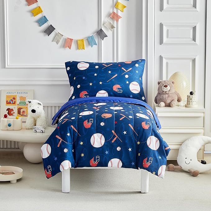 4 Pieces Baseball Toddler Bedding Set for Boys Gilrs Navy Blue White Stars Toddler Bed Set with Baseball Bat Cap Gloves Cute Toddler Bed in a Bag with Navy Blue Sheet Set and Pillow Shams