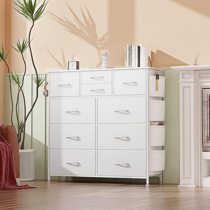 10 Drawer Dresser, Chest of Drawers for Bedroom, PU Dresser with Side Pockets, Hooks, Wooden Top and Sturdy Metal Frame for Living Room, Closet, Hallway (White)