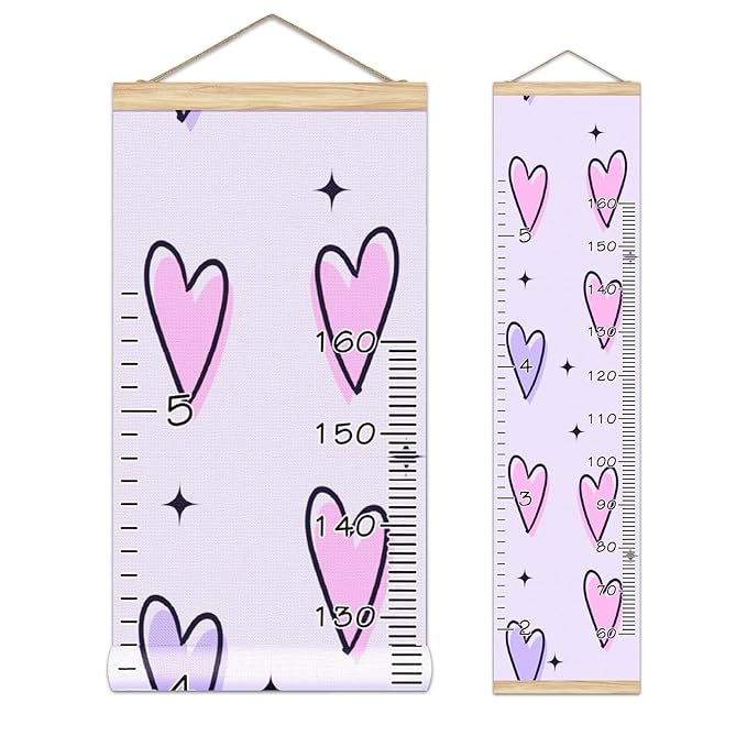 Personalized Kids Name Growth Chart Ruler for Wall Wood Frame Height Measure Chart 13.4x56 in Linen Hanging Height Growth Chart Pink Purple Kids Room Decor