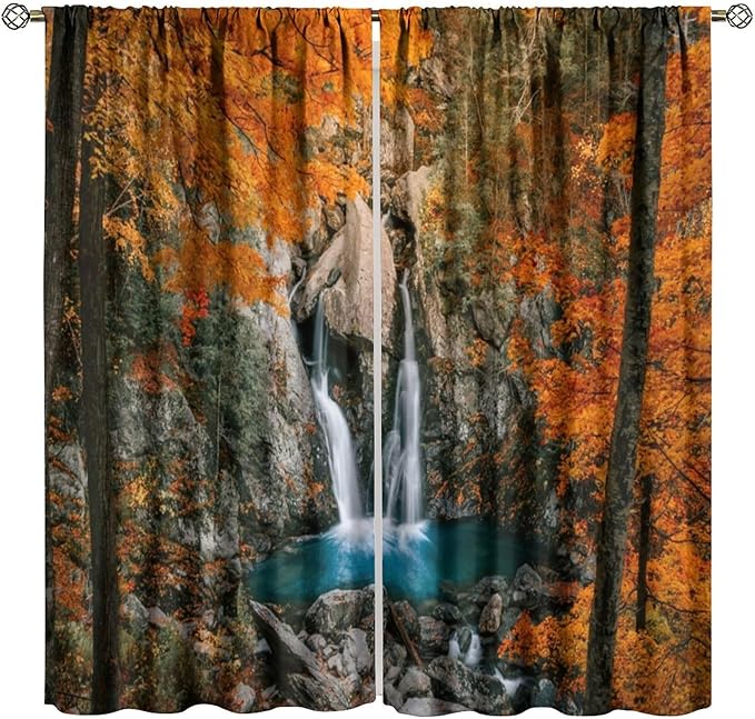 Autumn Waterfall Blackout Windows Curtains, Rustic Farmhouse Fall Forest Landscape Window Drapes, for Living Room Bedroom 42" W X 63" L