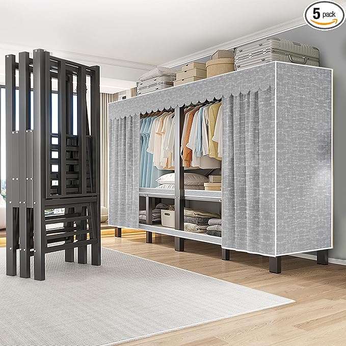 FPIGSHS Heavy Duty Clothes Rack with Cover Foldable Covered Clothes Rack for Hanging Clothes portable Wardrobe Closet System Freestanding Coat Storage Garment Racks for bedroom (grey, 49.2in)