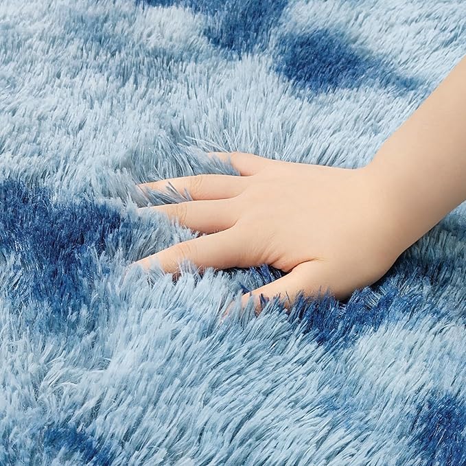 4 ft Round Fluffy Blue White Rug for Bedroom,Tie Dyed Furry Round Carpet Non Slip Fuzzy Shaggy Plush Circle Area Rug Rug for Living Room Room Nursery Room Playroom Kids Room Home Decor Washable