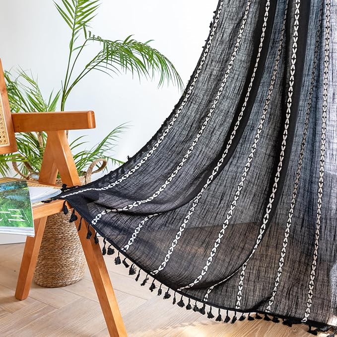 Deeprove Black Boho Curtains 63 inches Length for Kitchen, Vintage Bohemian Embroidery Farmhouse Cotton Linen French Country Tassel Window Treatments Gothic Halloween Decor, W52 x L63, 1 Panel