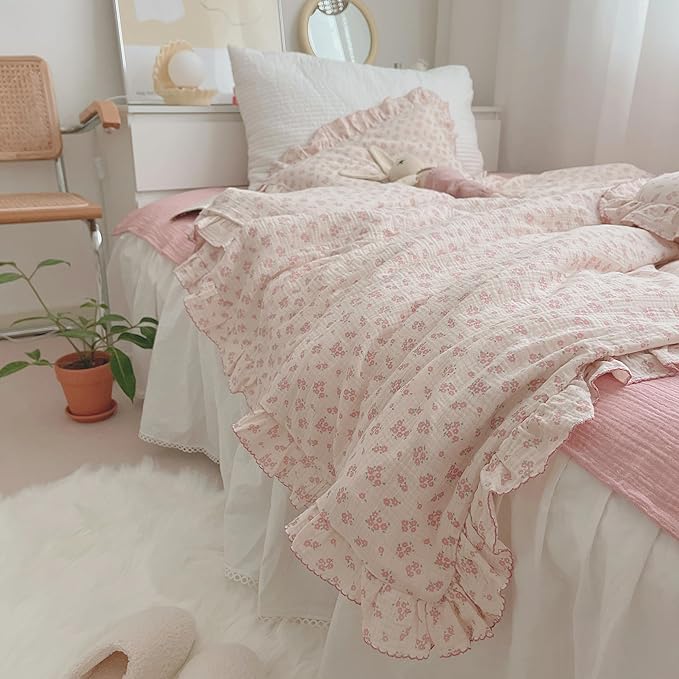 BuLuTu Pink Galsang Flower Print Girls Duvet Cover Twin Size Comforter Cover Gauze Cotton Kids Teens Bedding Vintage Floral Design Quilt Cover with Ruffles, 68"x86", No Pillow Case/Comforter