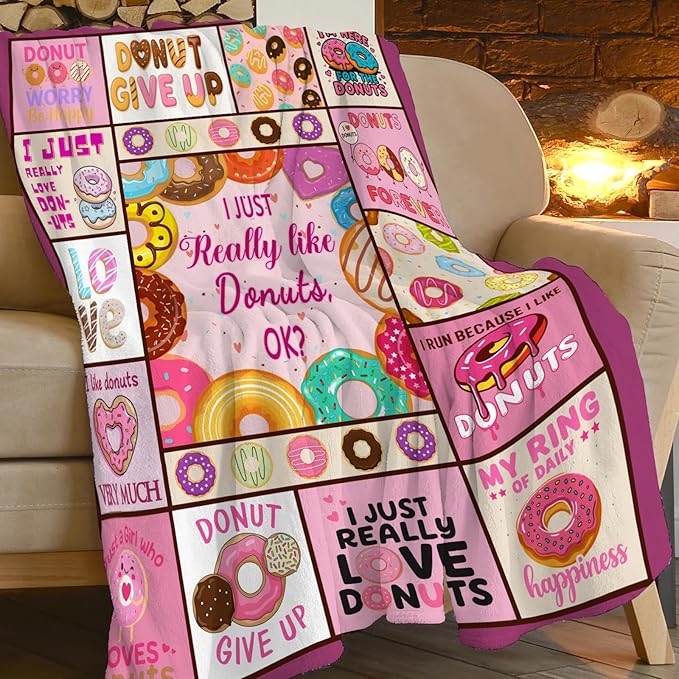 Pink Donut Fleece Blanket Dessert Throw Blankets for Girls Boys Super Soft Warm Flannel Cute Food Throws Gifts for Men Women Cozy Fuzzy Plush Stuffed Couch Bed Bedding Decor 60"x50"