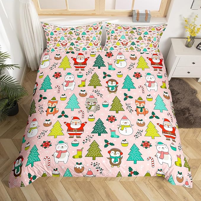 Manfei Christmas Duvet Cover Set King Size, Santa Claus Xmas Trees Animals Snowman Bedding Set 3pcs for Kids Girls, New Year Comforter Cover Soft Polyester Quilt Cover with 2 Pillowcases,No Comforter