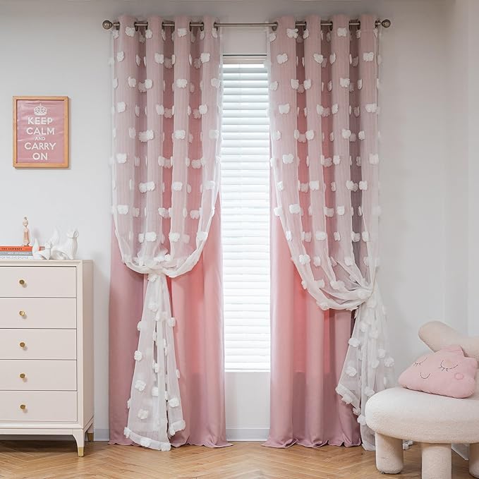 MYSKY HOME Pink Curtains for Bedroom 72 Inches Long Nursery Curtains Pom Pom White Sheer Curtains for Girls Room Double Layer for Toddler Bedroom Grommet Room Darkening Window Panels 52 x 72 Inch