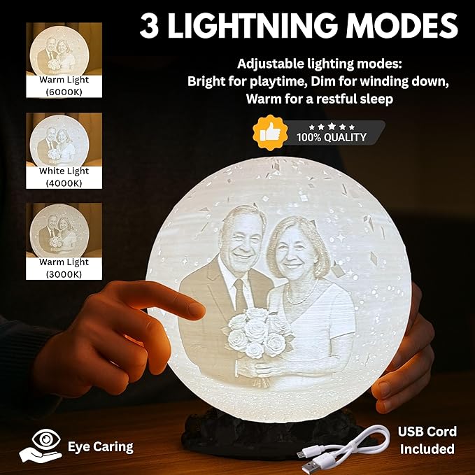 Personalized Anniversary Moon Lamp with Photo & Text - Couple Night Light - Custom Love Lamp for 1st, 20th, 25th, 50th Wedding Anniversary | Romantic Personalized Gift for Husband or Wife